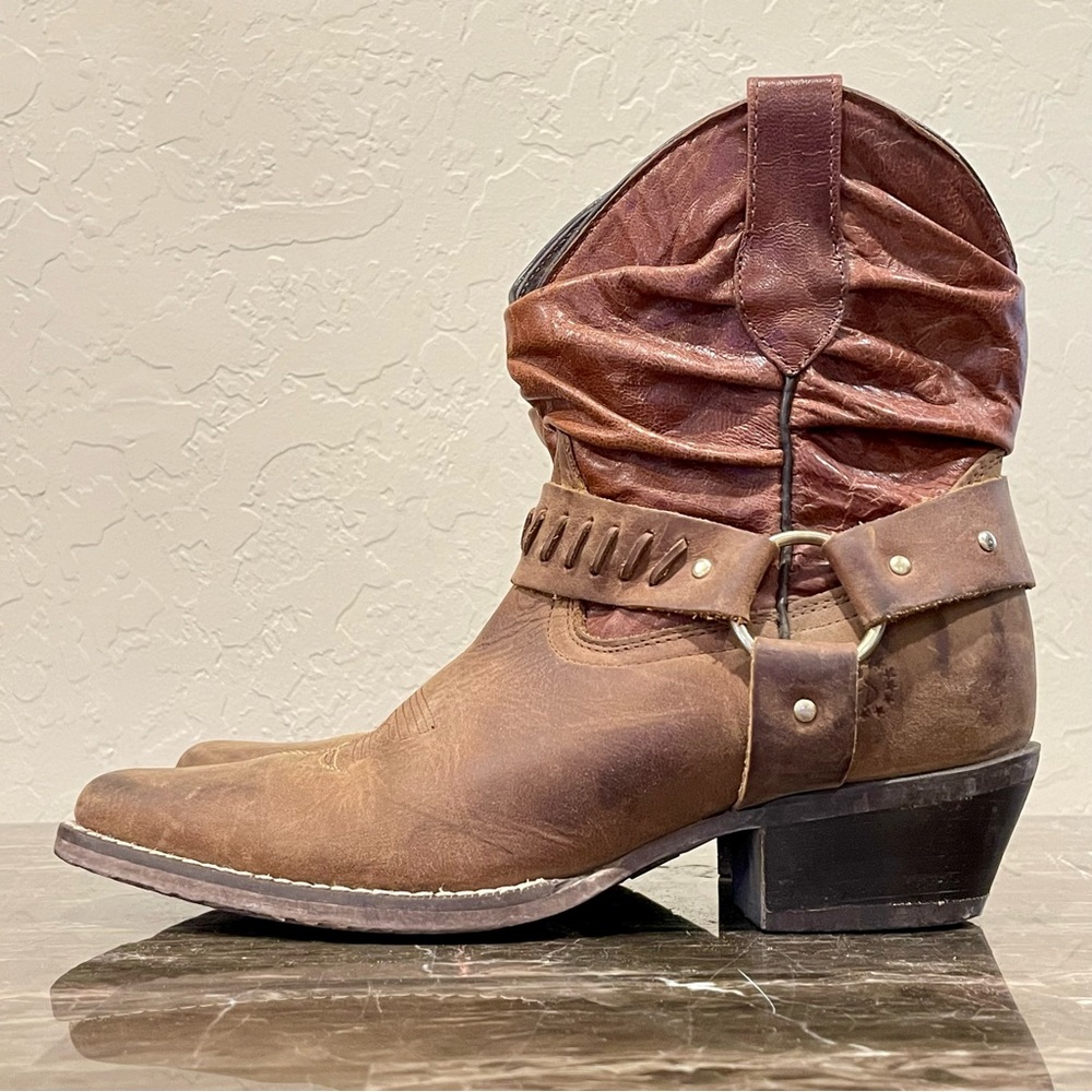 Two Toned Brown Leather Harness Cowboy Booties